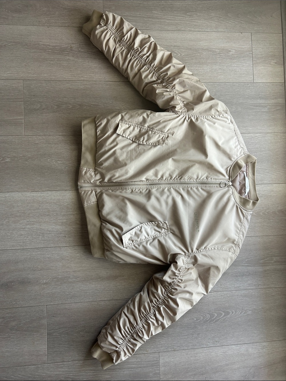 Women's Beige Bomber Jacket with Ruched Sleeves